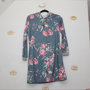 Blue floral hoodie dress with pockets